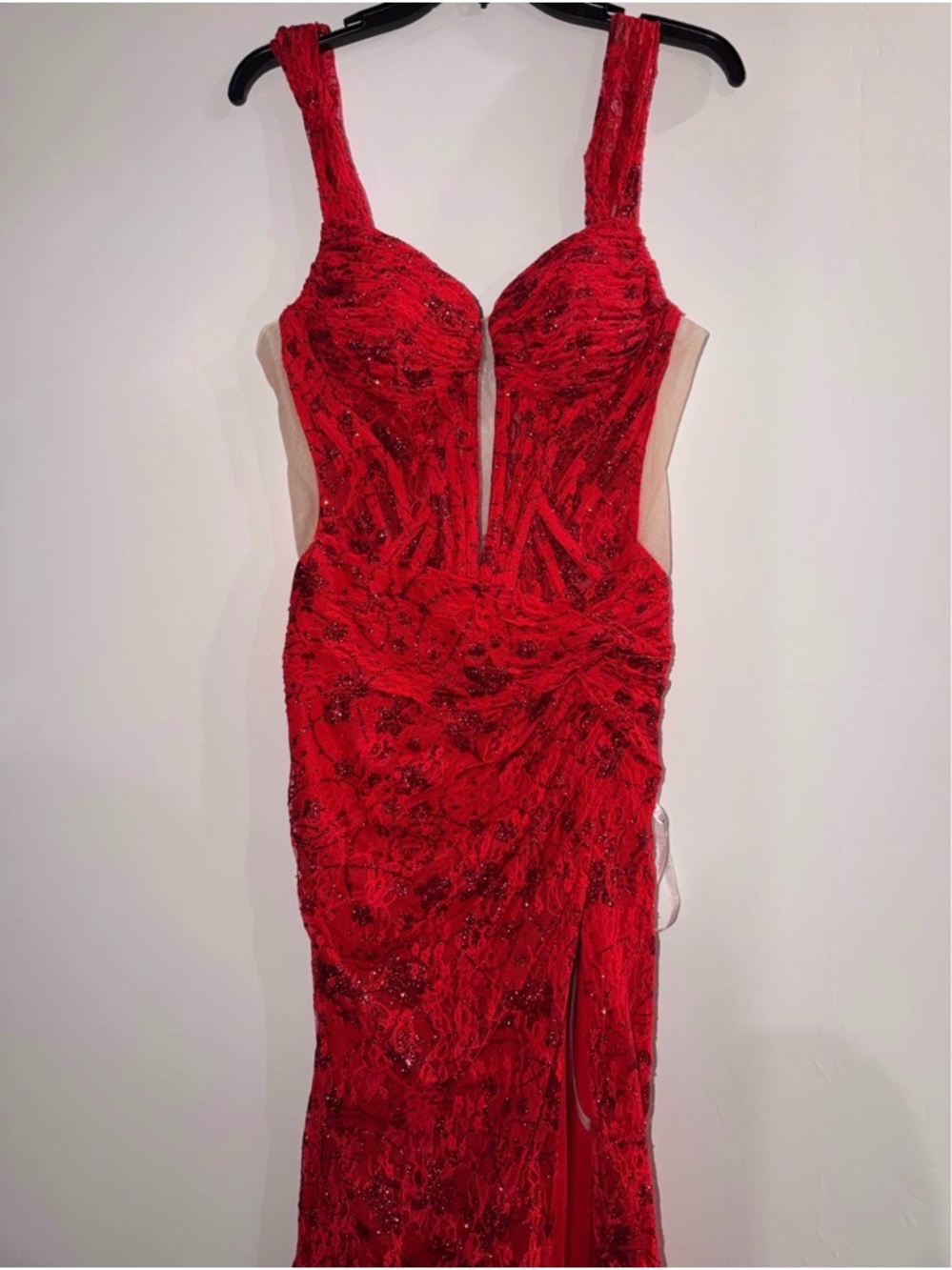 Red Sequin Prom Gown with Plunge Neckline - Women Dresses